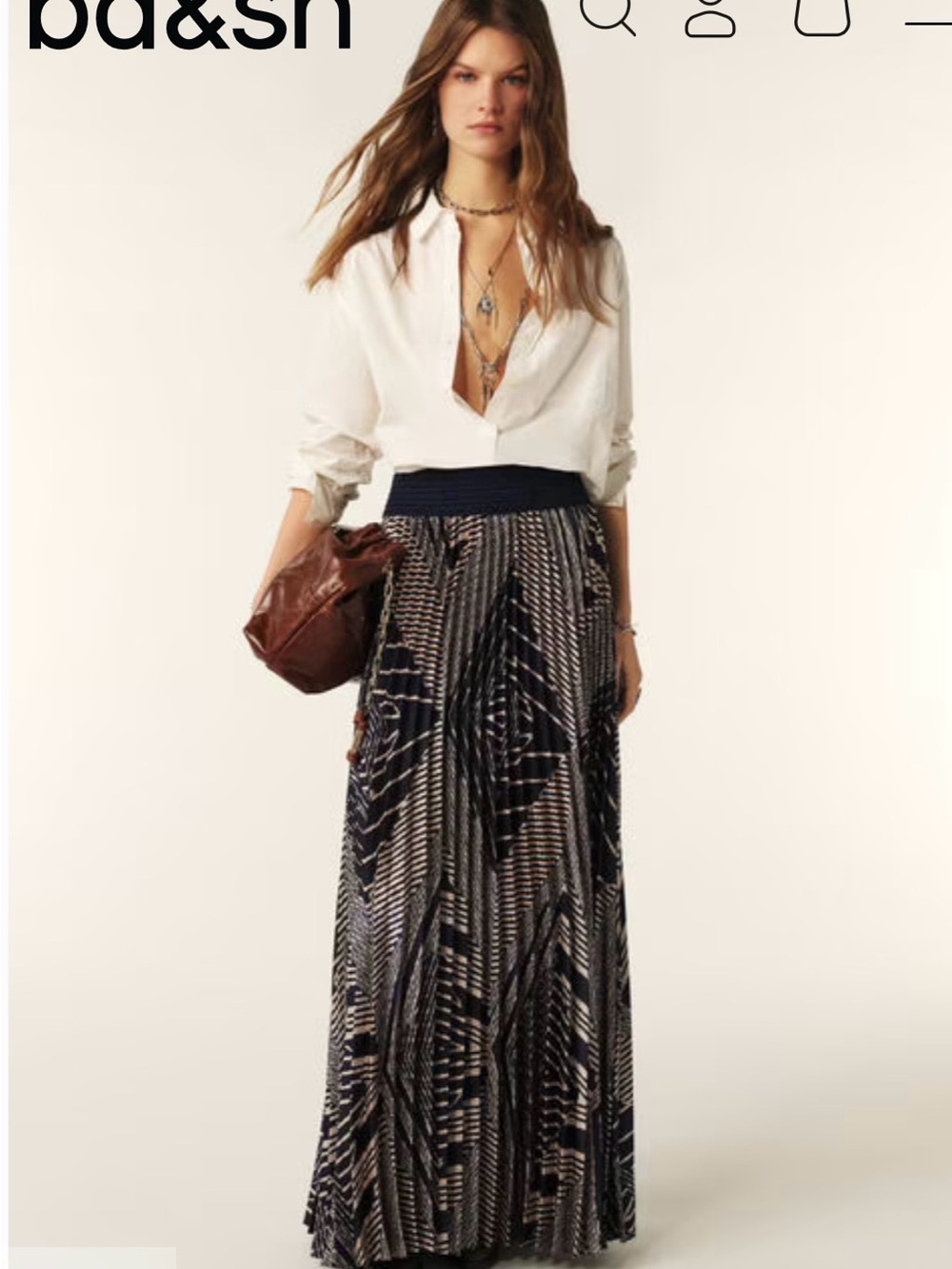 NWT ba&sh Navy and White Printed Pleated Maxi Skirt